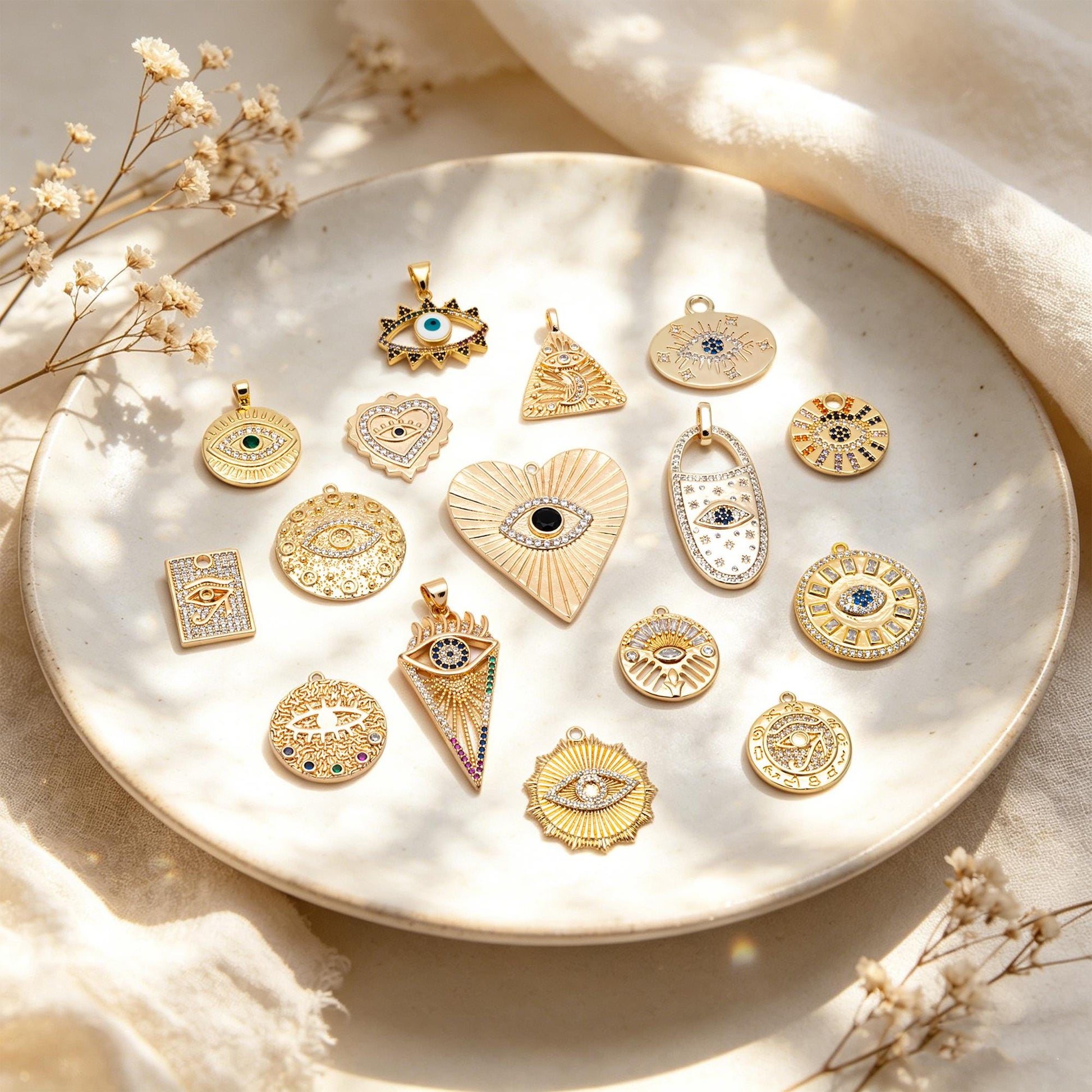 4pcs CZ pave Evil Eye Charms, 18K Gold plated Brass, Greek Eye Pendants for Earring/ Necklace, DIY Handmade Jewelry Component (GB-1527)