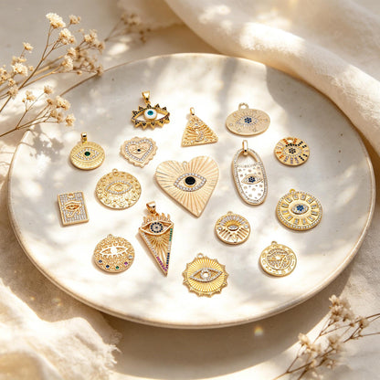 4pcs CZ pave Evil Eye Charms, 18K Gold plated Brass, Greek Eye Pendants for Earring/ Necklace, DIY Handmade Jewelry Component (GB-1527)