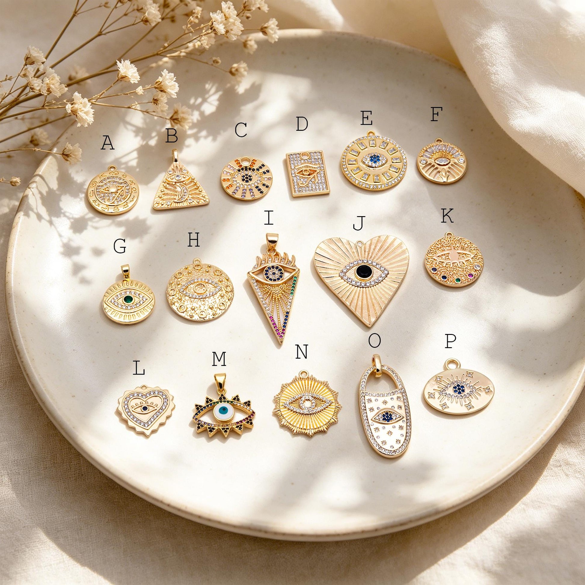 4pcs CZ pave Evil Eye Charms, 18K Gold plated Brass, Greek Eye Pendants for Earring/ Necklace, DIY Handmade Jewelry Component (GB-1527)