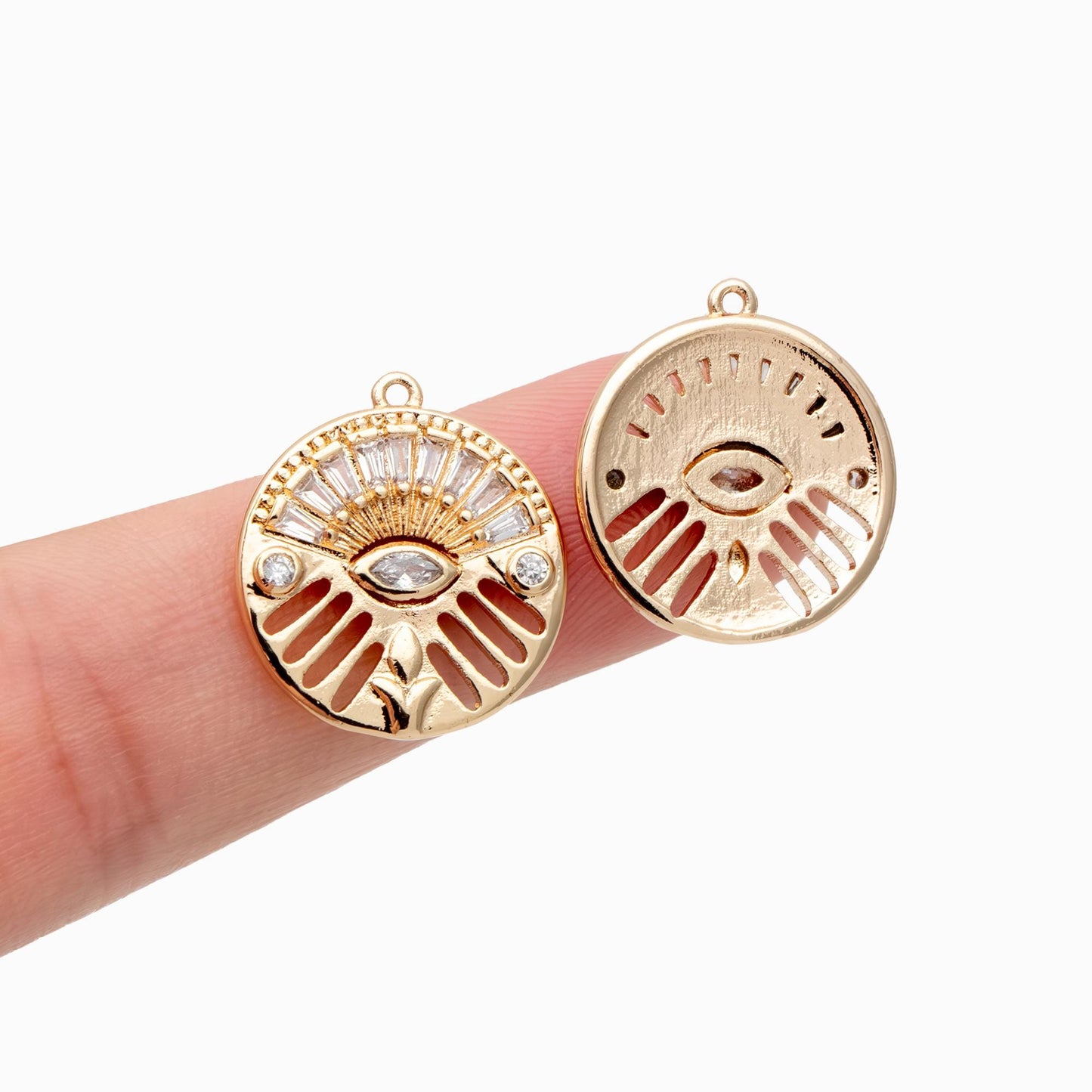 4pcs Evil Eye Pendant, CZ Pave Gold Disc Medallion Greek Eye Charm for Strength and Protection Jewelry Component (GB-1527-F)