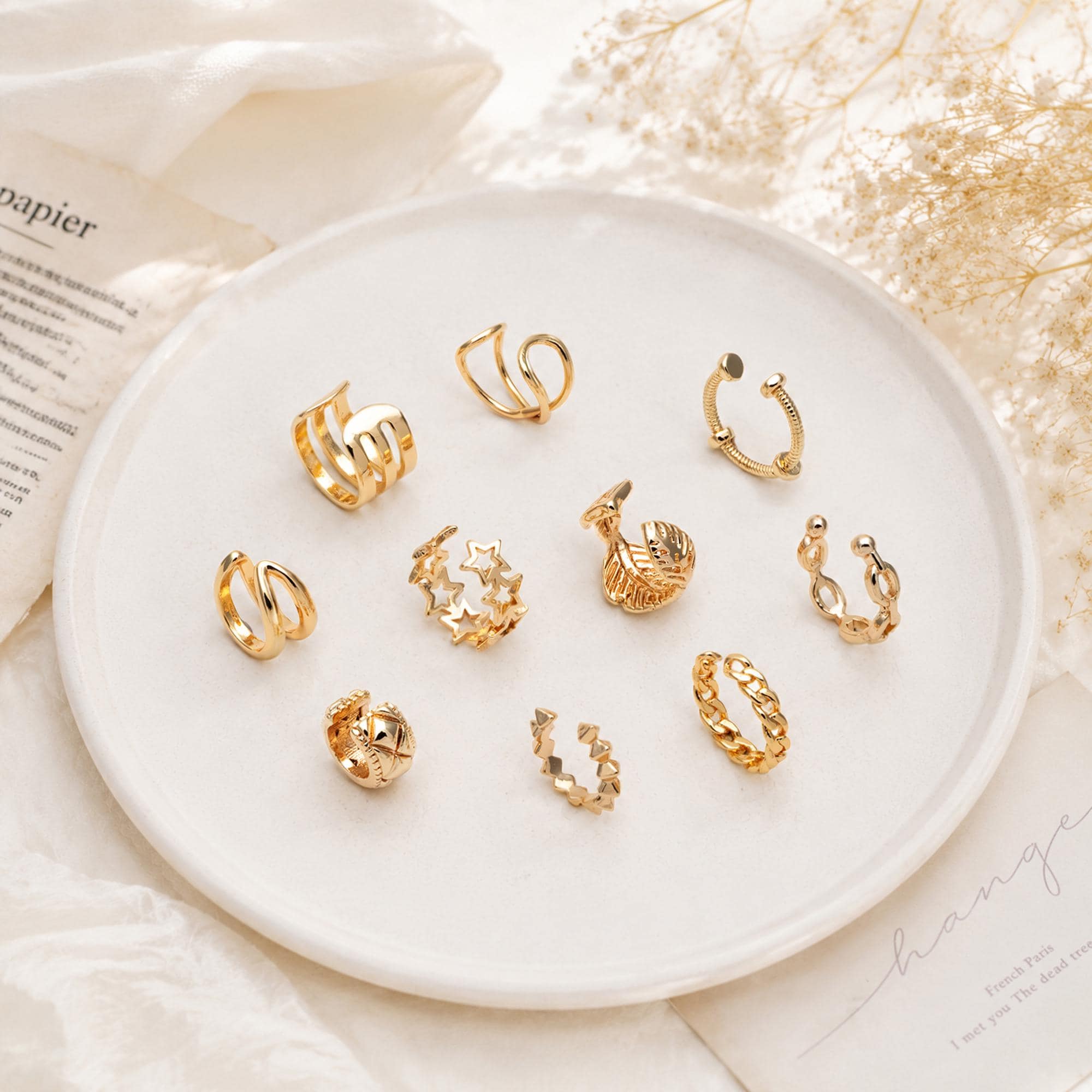10pcs Gold Ear Cuff, Cartilage, Fake Piercing, Cartilage Ear Cuff, Ear Wrap, Earcuff (GB-2826)