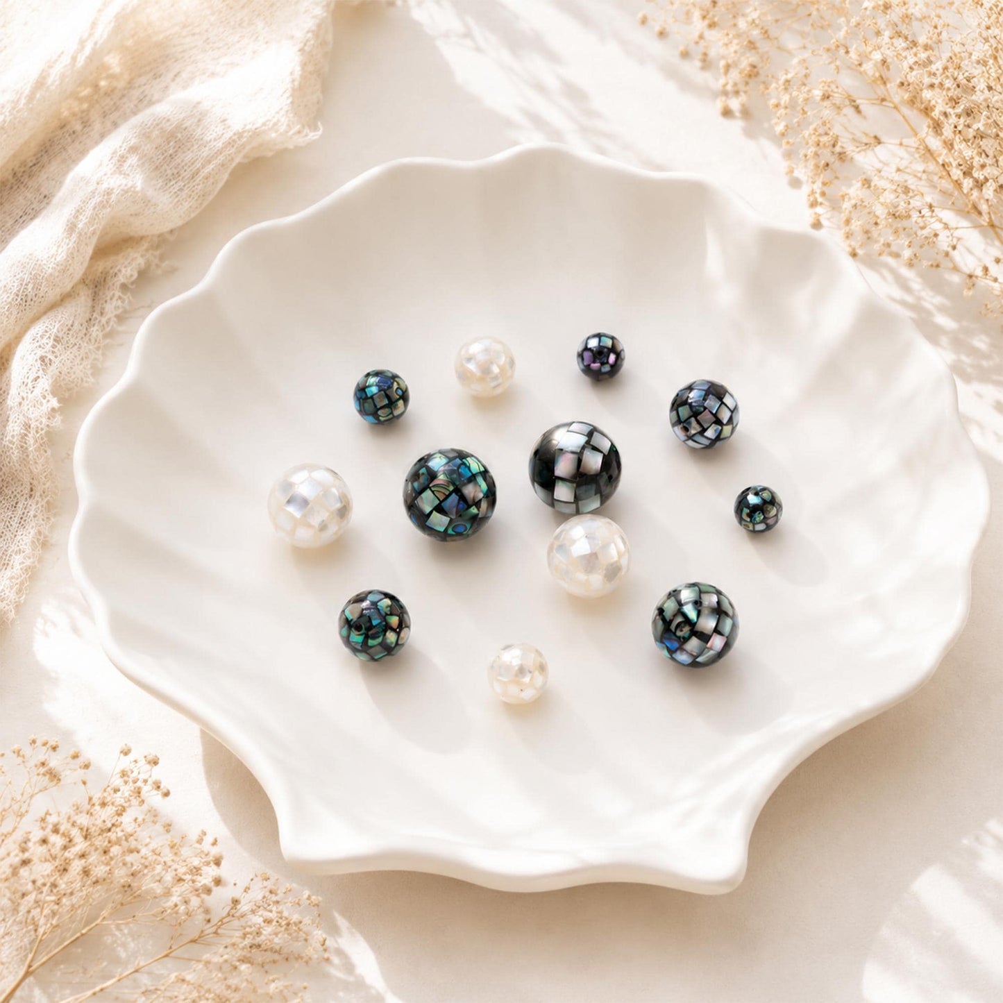 10pcs White Mother of Pearl Mosaic Beads, Abalone Shell Mosaic Beads, 8/ 10/ 12mm Round -(BK-030)