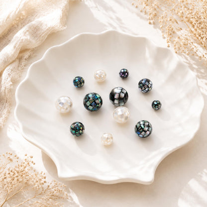 10pcs White Mother of Pearl Mosaic Beads, Abalone Shell Mosaic Beads, 8/ 10/ 12mm Round -(BK-030)