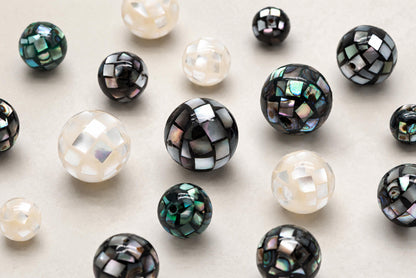10pcs White Mother of Pearl Mosaic Beads, Abalone Shell Mosaic Beads, 8/ 10/ 12mm Round -(BK-030)