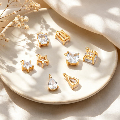 10pcs CZ pave Gold/ Silver Tone Star/ Teardrop/ Rectangle/ Rhombus Charms, Gold Plated Brass Geometric Pendants (GB-1151)