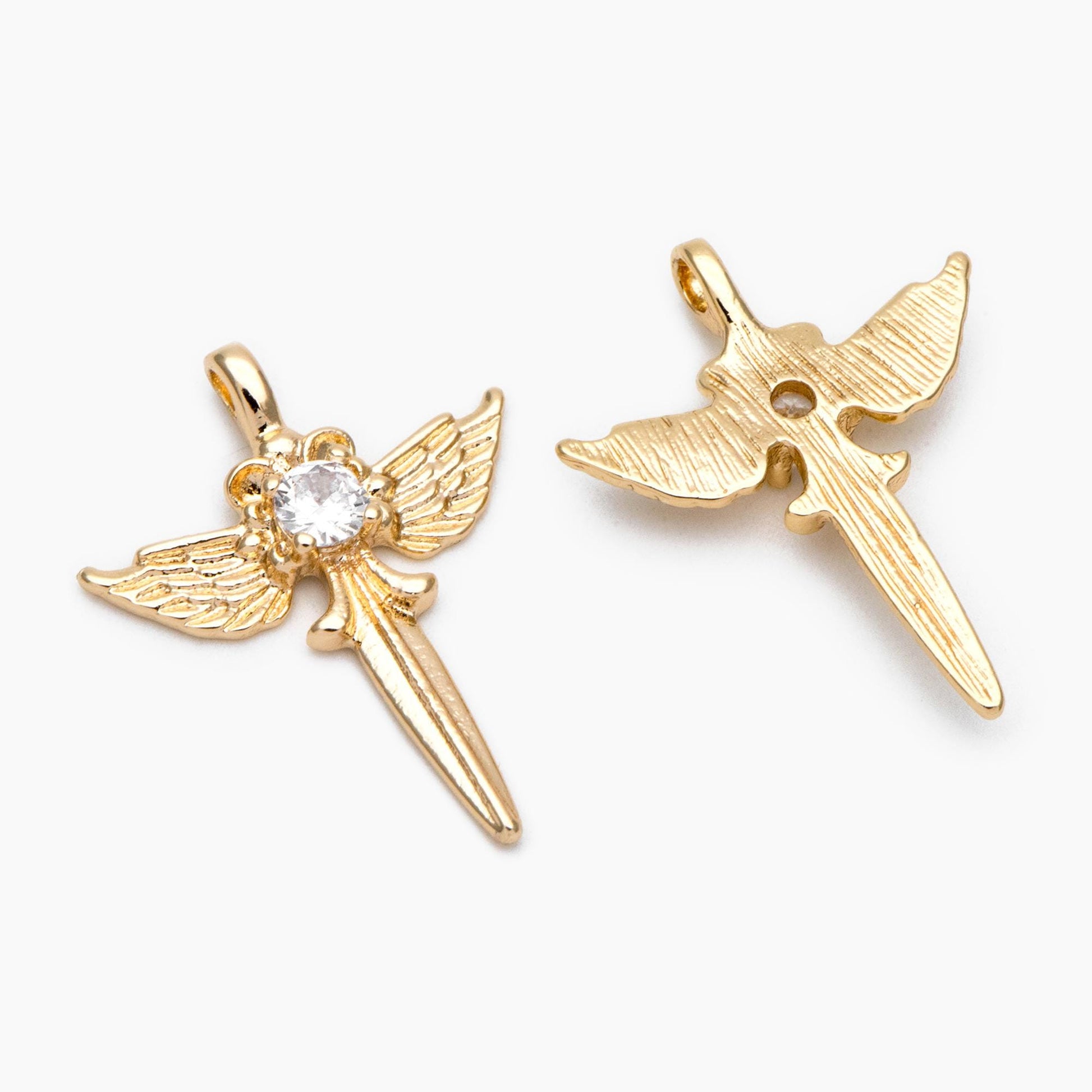 4pcs CZ pave Gold Wing Sword Pendant, Necklace Charm, Jewelry Making, Diy Material, Jewelry Supplies (GB-1810-E)