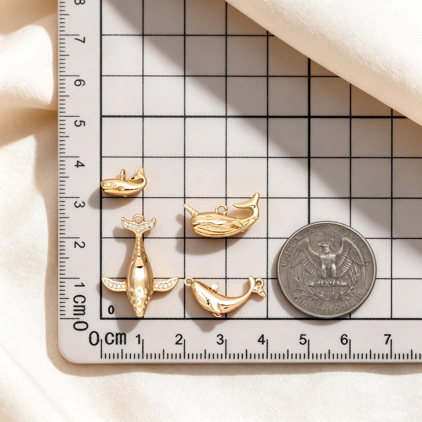 4pcs CZ Pave Gold Whale charm, 18K Real Gold plated Brass, 3D Whale Charm, Whale pendant (GB-2560)