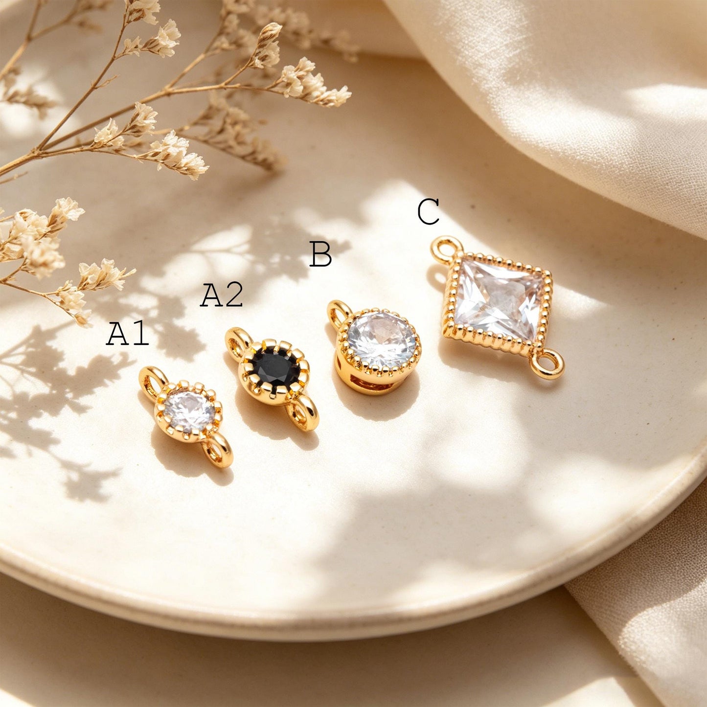 10pcs CZ pave Gold Round/ Rhombus Charms, 18K Gold plated Brass, Geometric Connectors (GB-2850)