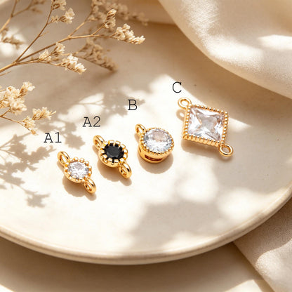 10pcs CZ pave Gold Round/ Rhombus Charms, 18K Gold plated Brass, Geometric Connectors (GB-2850)