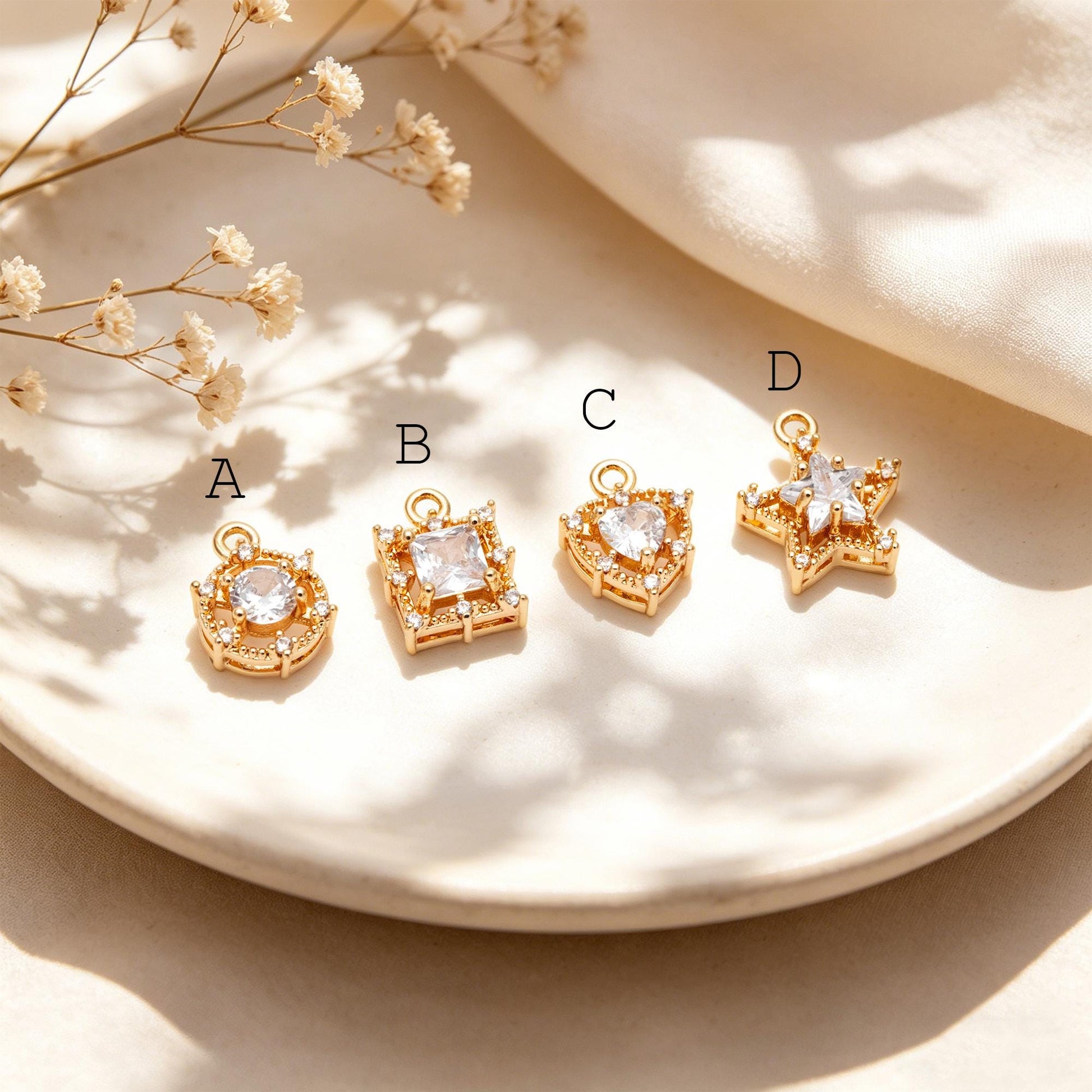 4pcs CZ Pave Round/ Square/ Heart/ Star Charms, Jewelry Making, Diy Material, Jewelry Supplies (GB-3116)