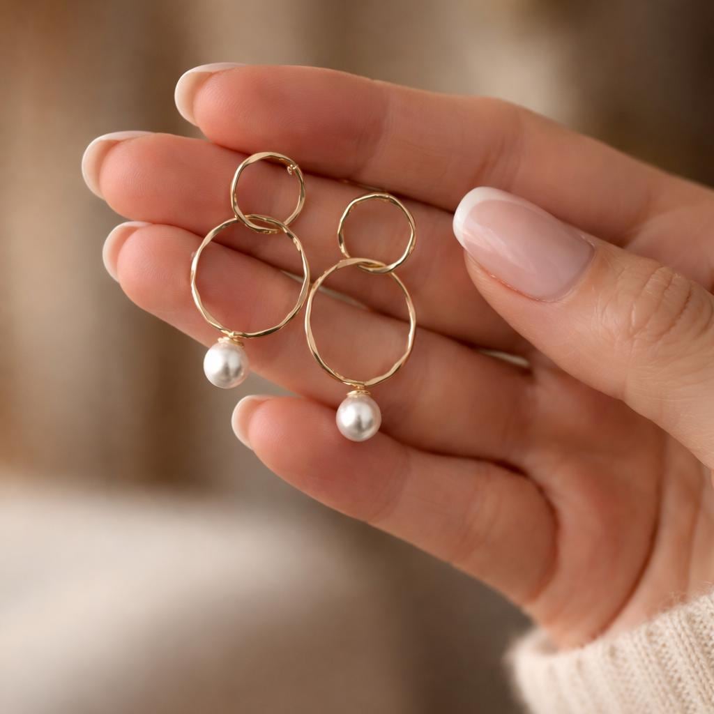 4pcs Asymmetric Glass Pearl Earrings, 18K Gold plated Brass, Asymmetrical Circle Square Earrings (#GB-2941)
