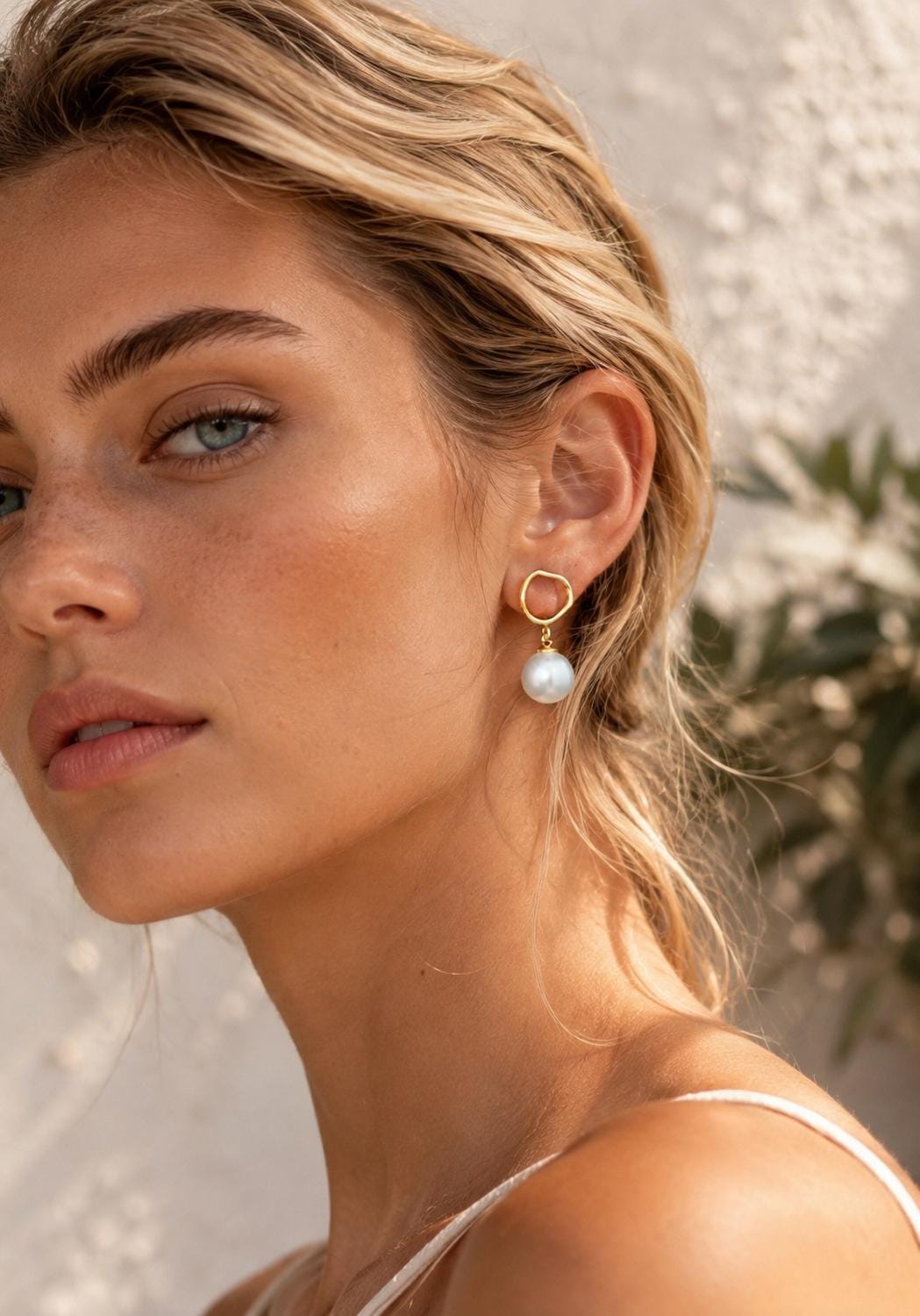 4pcs Asymmetric Glass Pearl Earrings, 18K Gold plated Brass, Asymmetrical Circle Square Earrings (#GB-2941)