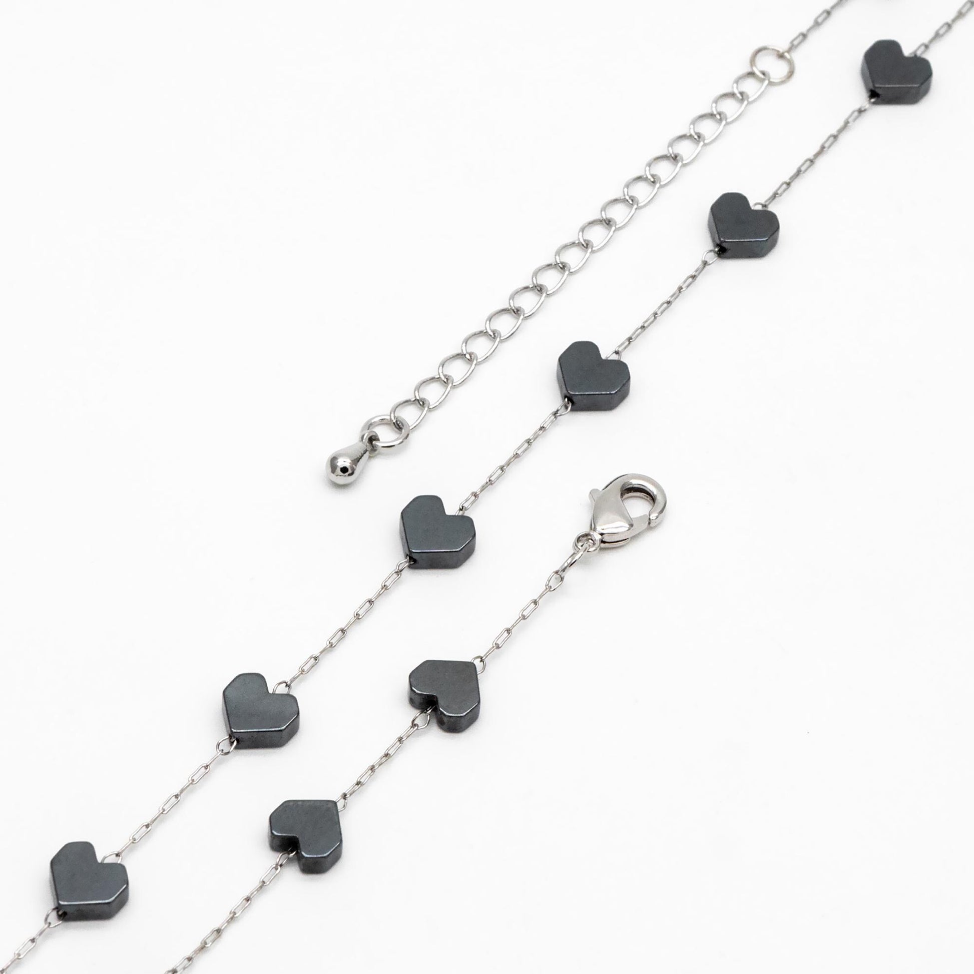 Stainless Steel Heart Hematite Beads Chain, Finished Bracelet/ Anklet/ Necklace with Extender Chain, Ready to Wear (#LK-380)