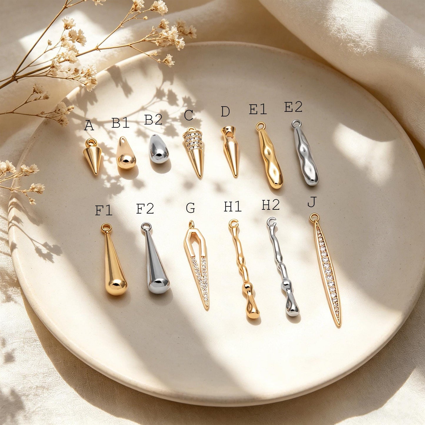 4pcs Gold/ Silver Tone Drop Charm, Minimalist DIY Jewelry, Modern Pendants for Necklaces & Earrings (GB-2416)
