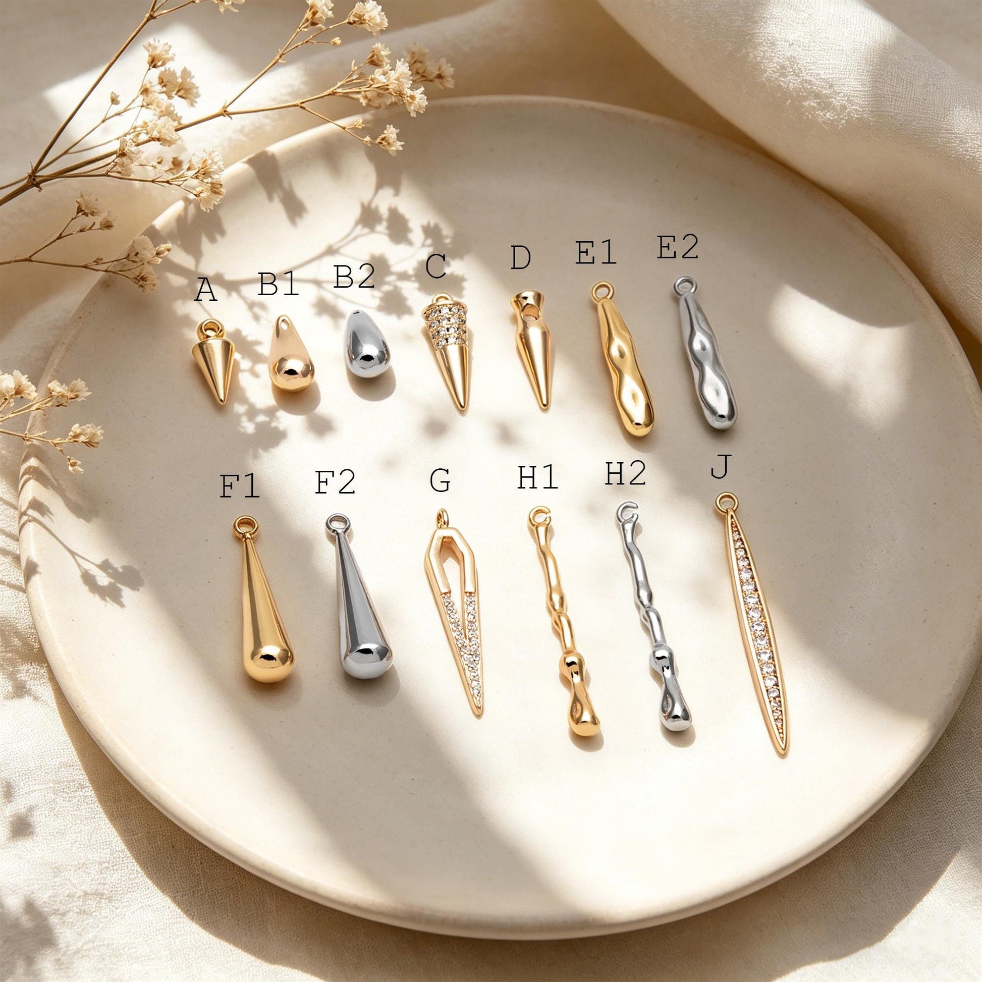 4pcs Gold/ Silver Tone Drop Charm, Minimalist DIY Jewelry, Modern Pendants for Necklaces & Earrings (GB-2416)