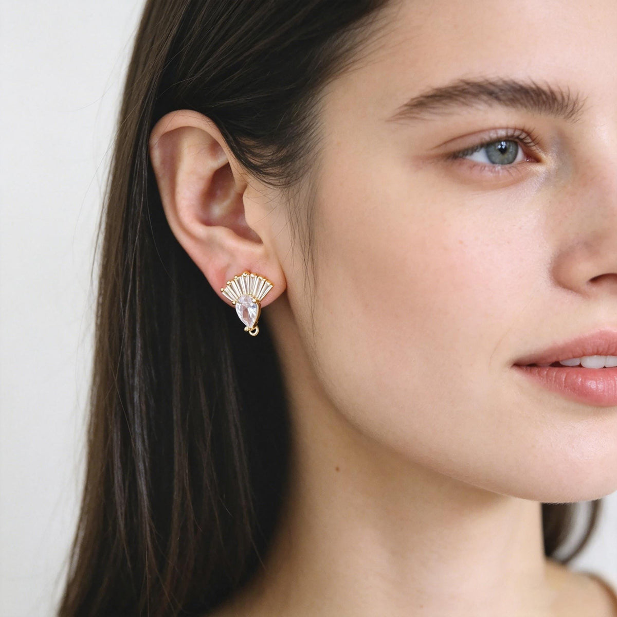4pcs CZ Pave Gold Flower Leaf Earring With Loop, Gold Plated Brass Stud Earrings (GB-1205)