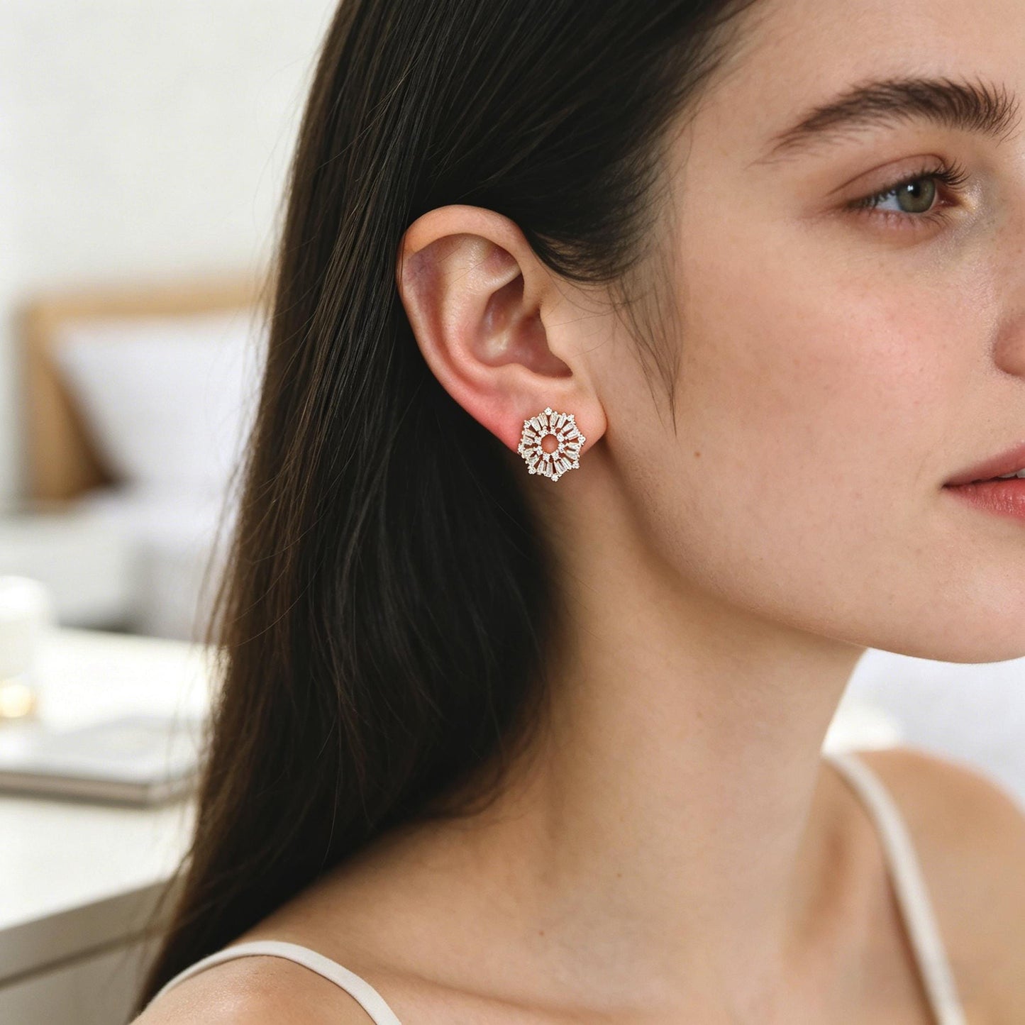4pcs CZ Pave Gold Flower Leaf Earring With Loop, Gold Plated Brass Stud Earrings (GB-1205)