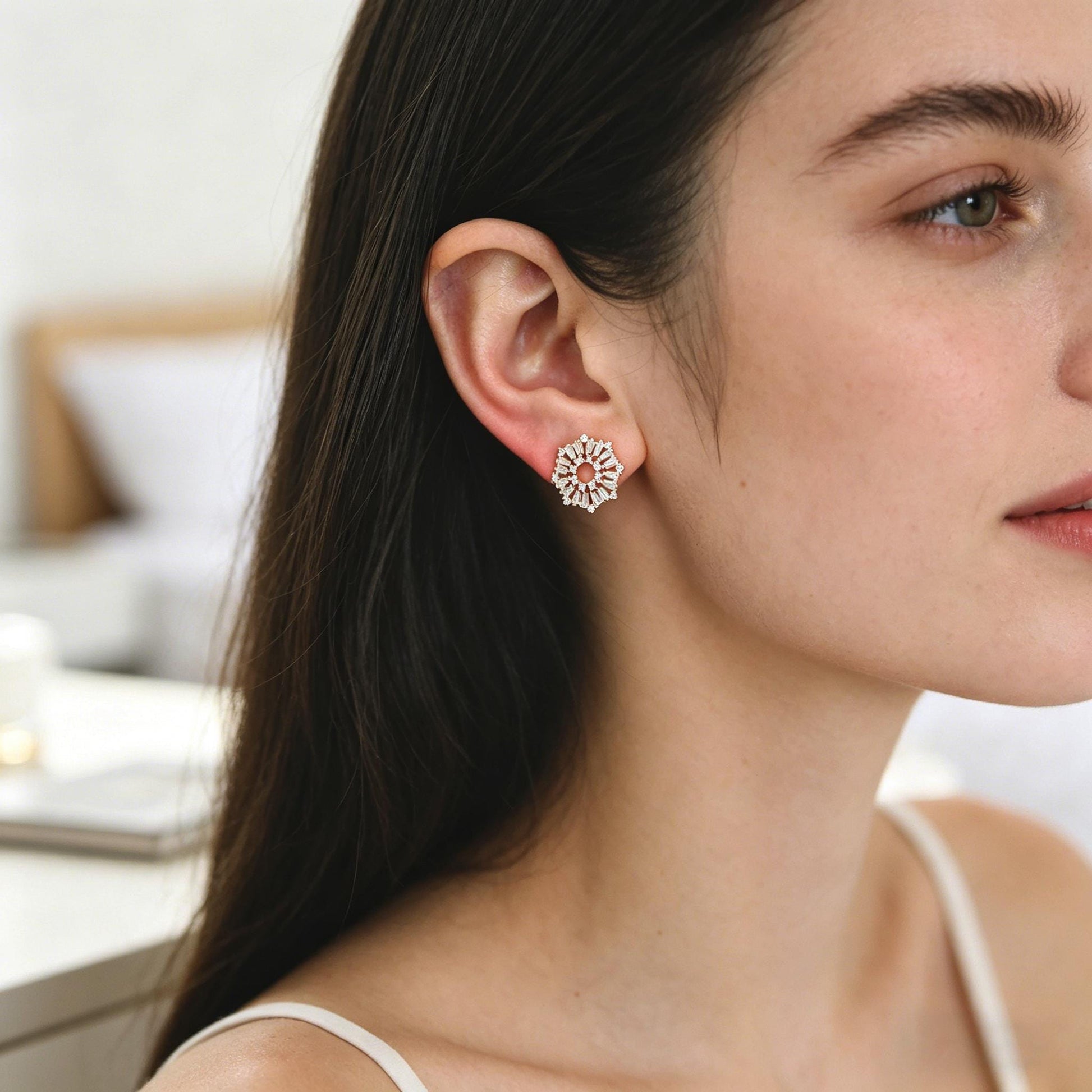 4pcs CZ Pave Gold Flower Leaf Earring With Loop, Gold Plated Brass Stud Earrings (GB-1205)