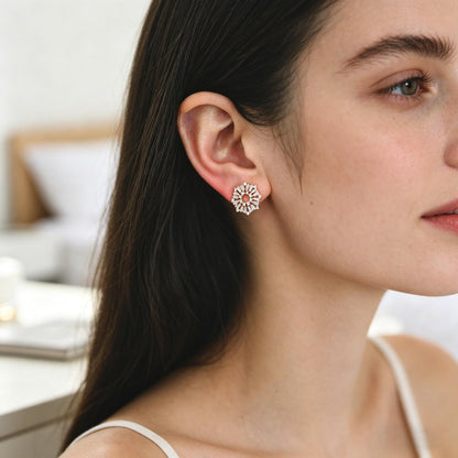 4pcs CZ Pave Gold Flower Leaf Earring With Loop, Gold Plated Brass Stud Earrings (GB-1205)