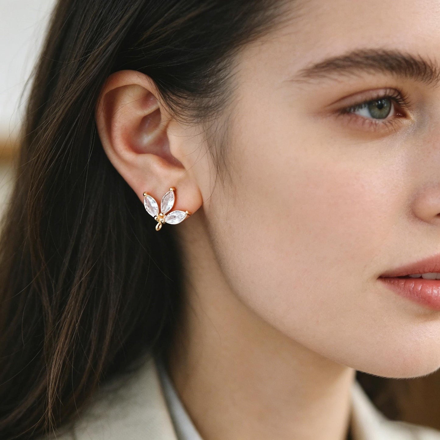 4pcs CZ Pave Gold Flower Leaf Earring With Loop, Gold Plated Brass Stud Earrings (GB-1205)