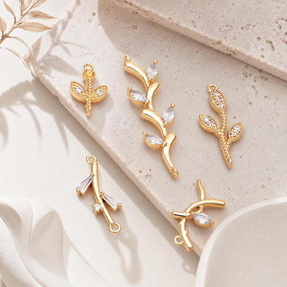 10pcs CZ pave Gold Leaf Charm Connectors , 18K Gold plated Brass Branch Pendants (GB-3145)