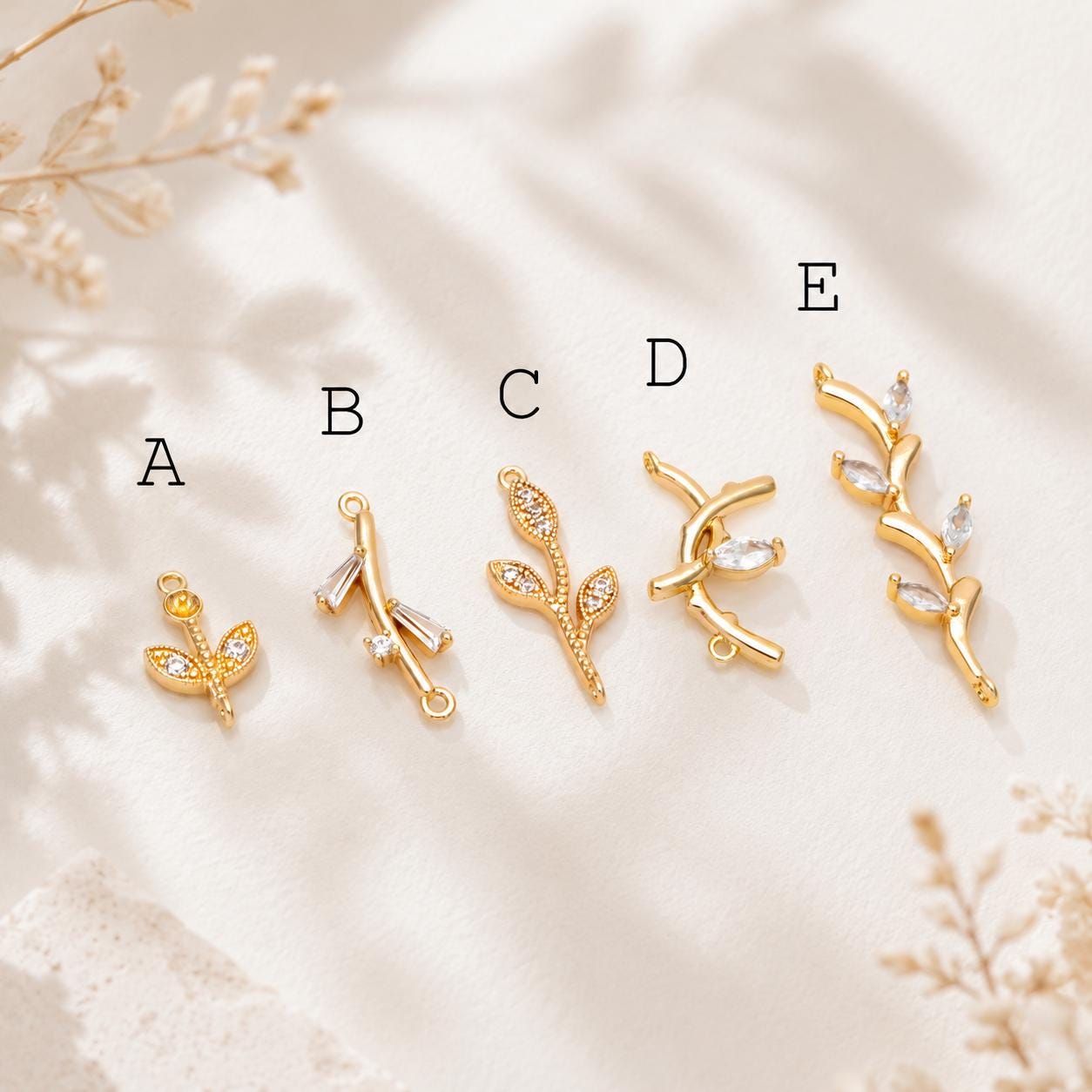 10pcs CZ pave Gold Leaf Charm Connectors , 18K Gold plated Brass Branch Pendants (GB-3145)