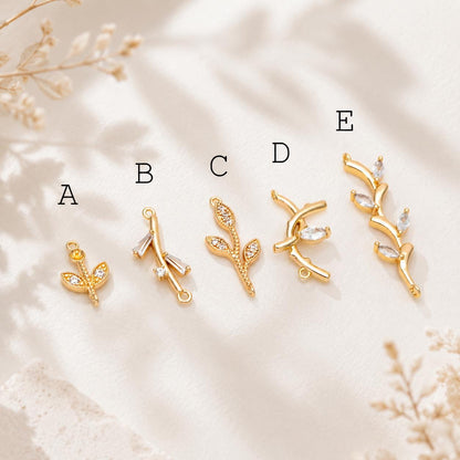 10pcs CZ pave Gold Leaf Charm Connectors , 18K Gold plated Brass Branch Pendants (GB-3145)