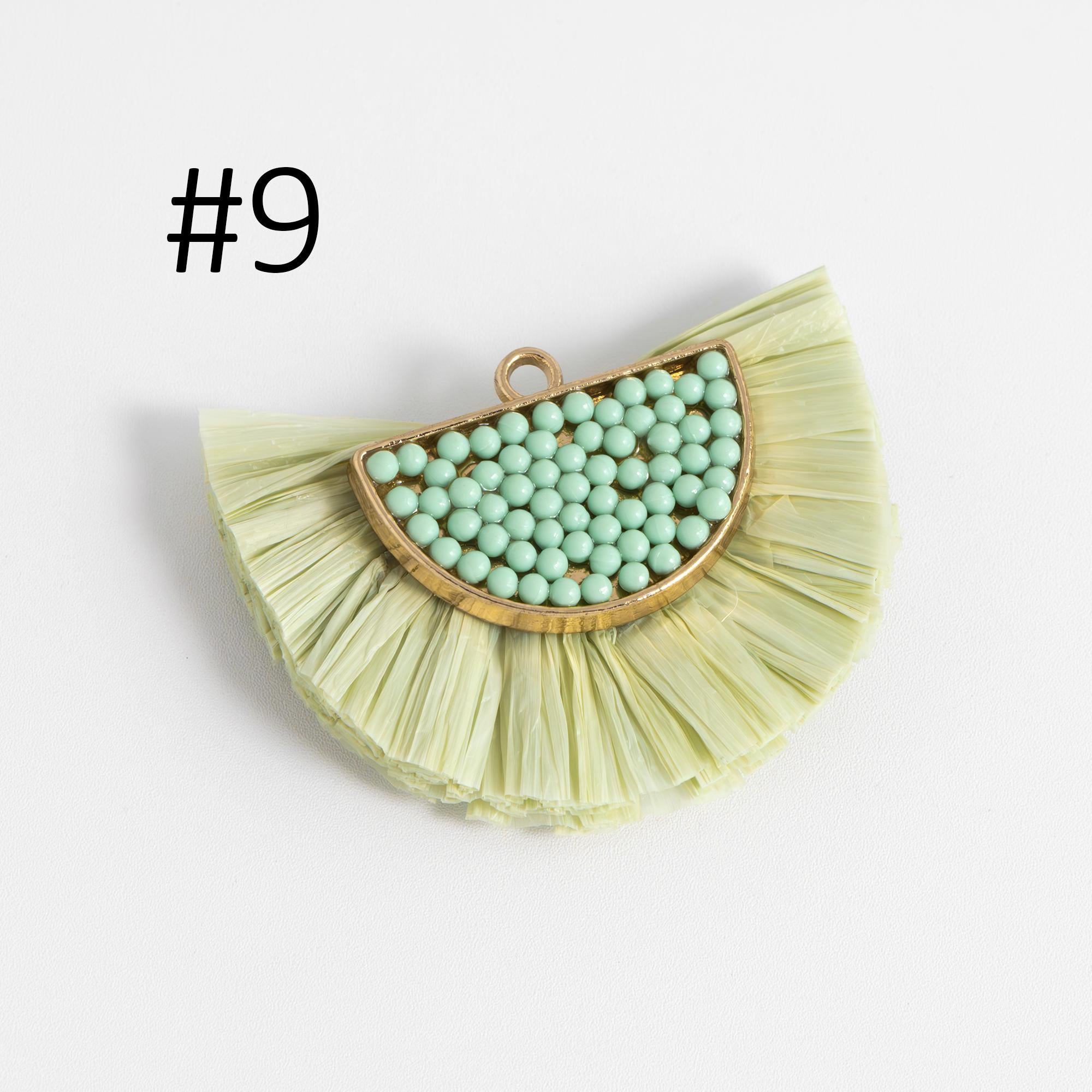 4pcs Fan Tassel Pendants 44x34mm, Beaded Raffia Tassel Charms for Earrings (FB-017)