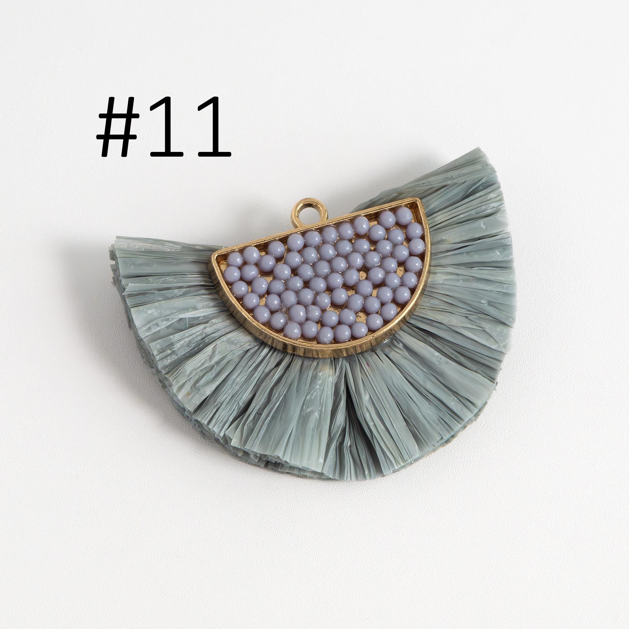 4pcs Fan Tassel Pendants 44x34mm, Beaded Raffia Tassel Charms for Earrings (FB-017)