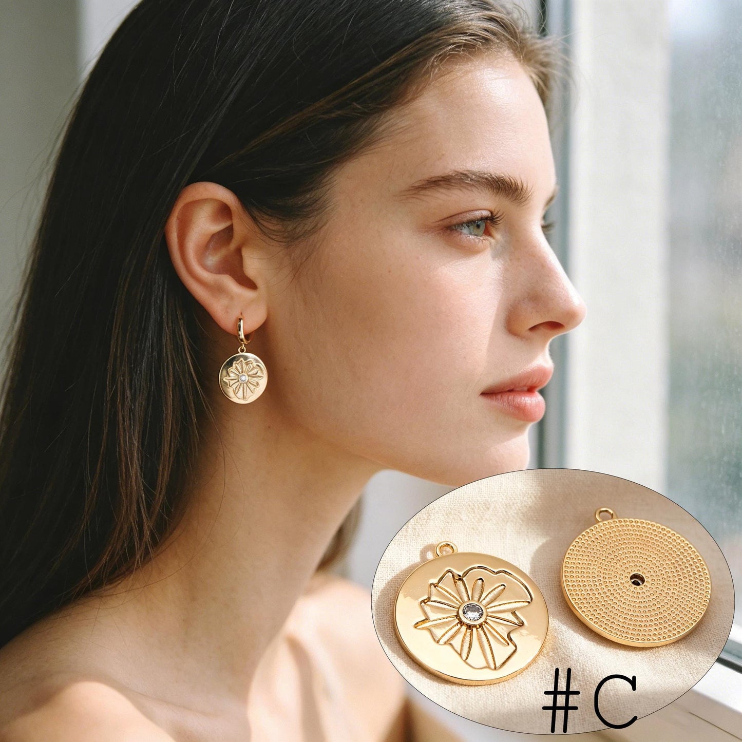 4pcs Gold Round Sun Charms , 18K Gold plated Brass, Disk Sun Pendants (GB-1232)