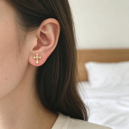 4pcs CZ Pave Gold Cross Earrings, Gold Plated Brass Dainty Cross Stud Earring (#GB-3637)
