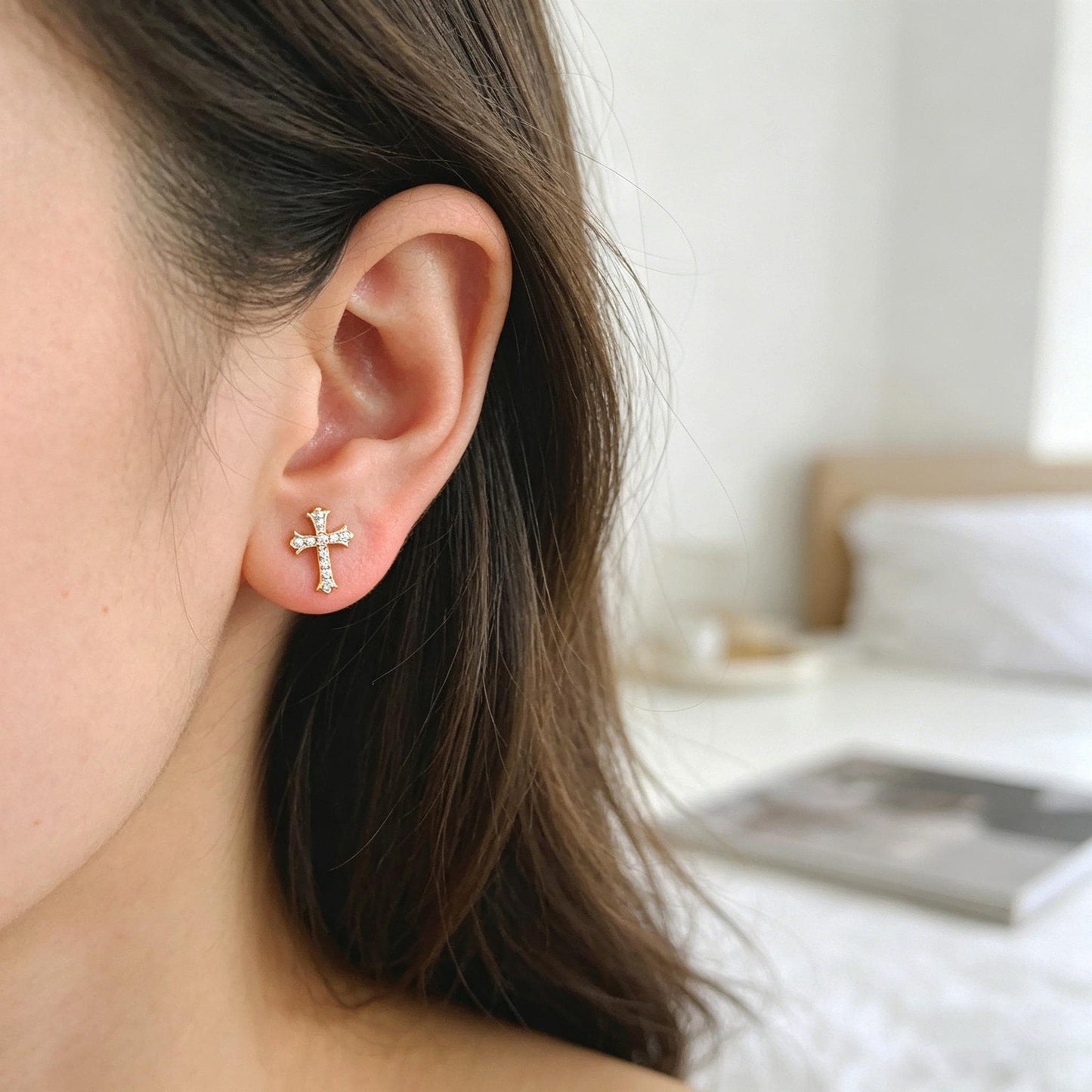 4pcs CZ Pave Gold Cross Earrings, Gold Plated Brass Dainty Cross Stud Earring (#GB-3637)