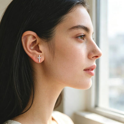 4pcs CZ Pave Gold Cross Earrings, Gold Plated Brass Dainty Cross Stud Earring (#GB-3637)