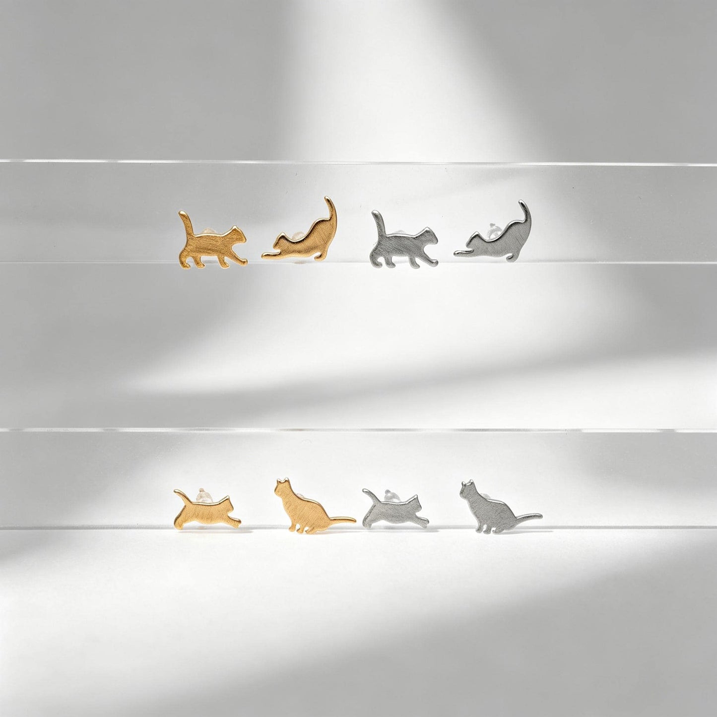 10pcs Cat Asymmetry Earrings, Gold/ Rhodium plated Brass, Pet Animal Stud Earrings (GB-4094)