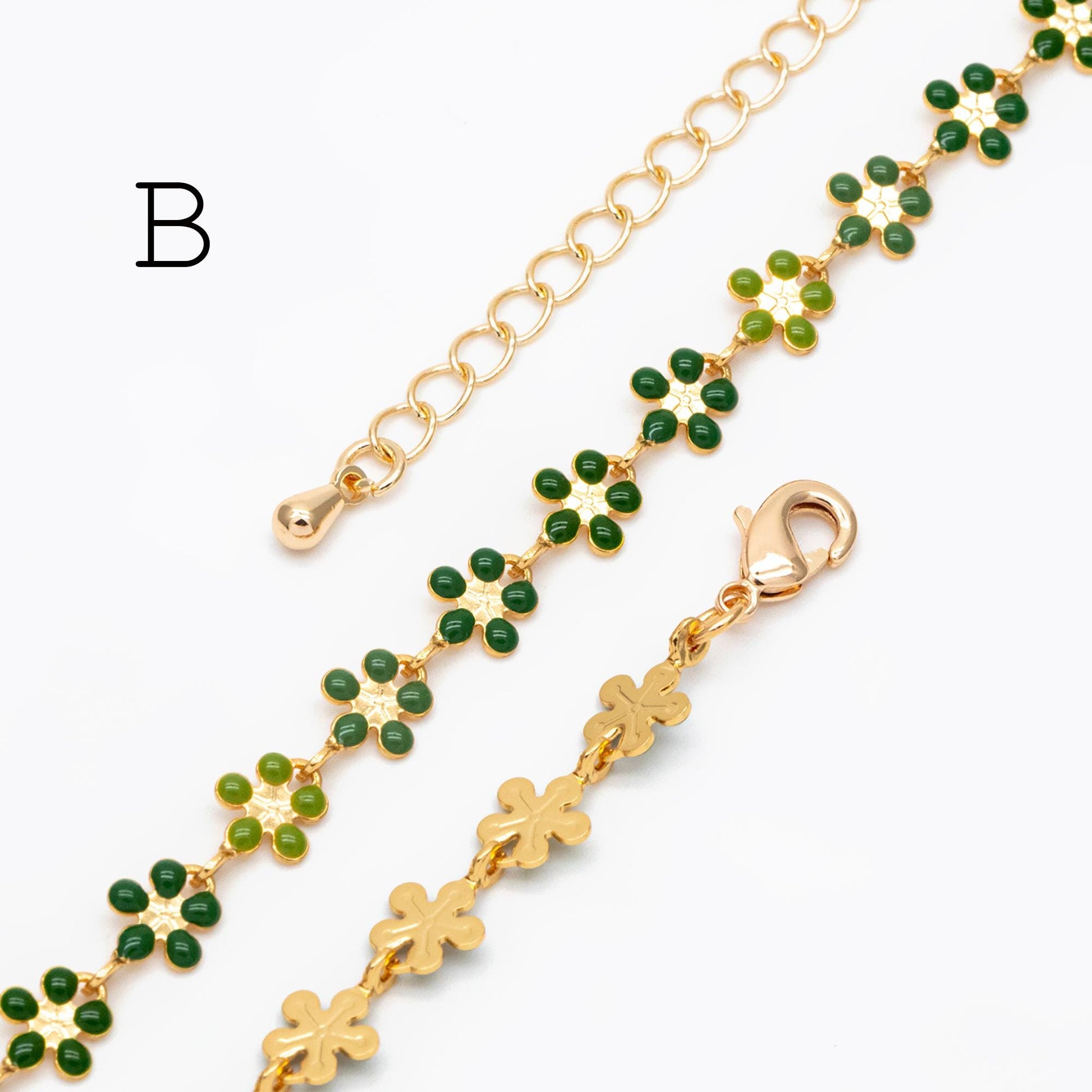 Gold plated Enamel Flower Chain, Finished Bracelet/ Anklet/ Necklace with Extender Chain, 16-18 inch Adjustable, Ready to Wear (#LK-581)