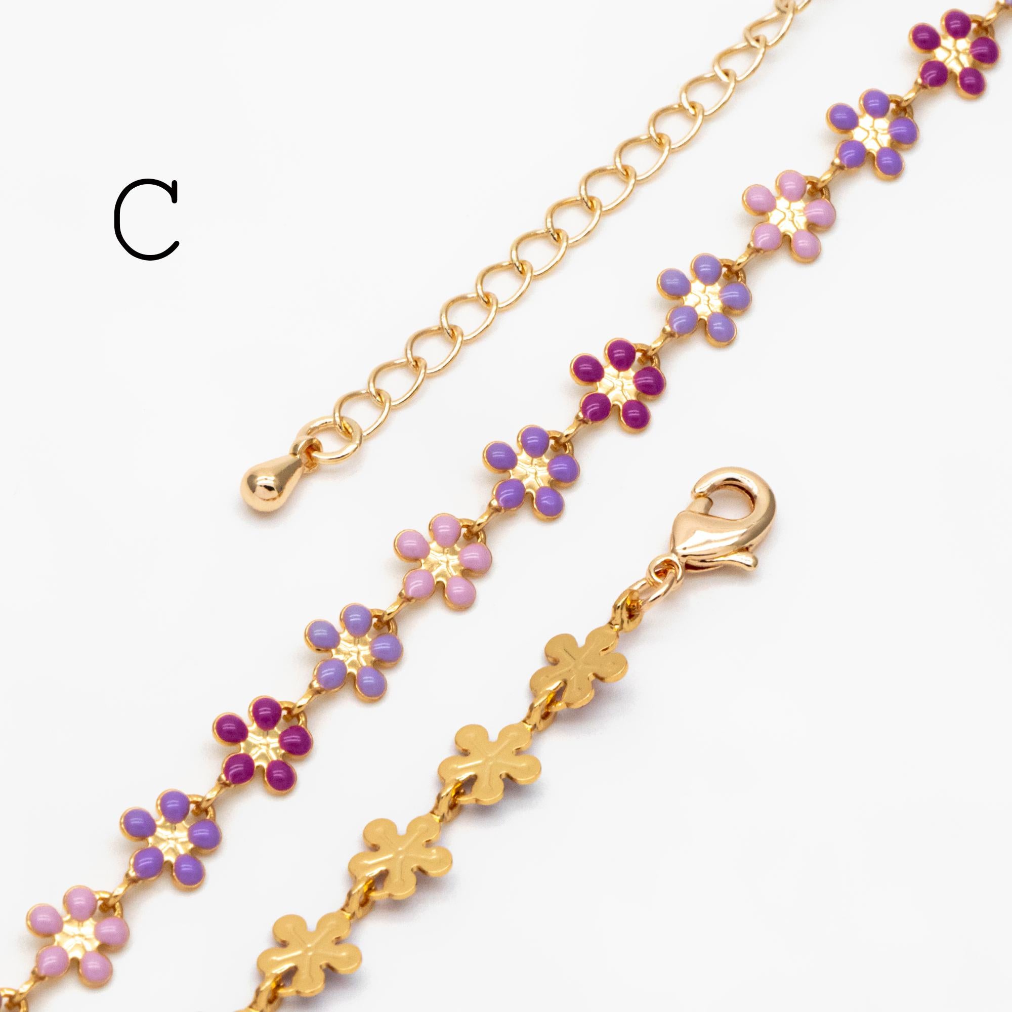 Gold plated Enamel Flower Chain, Finished Bracelet/ Anklet/ Necklace with Extender Chain, 16-18 inch Adjustable, Ready to Wear (#LK-581)