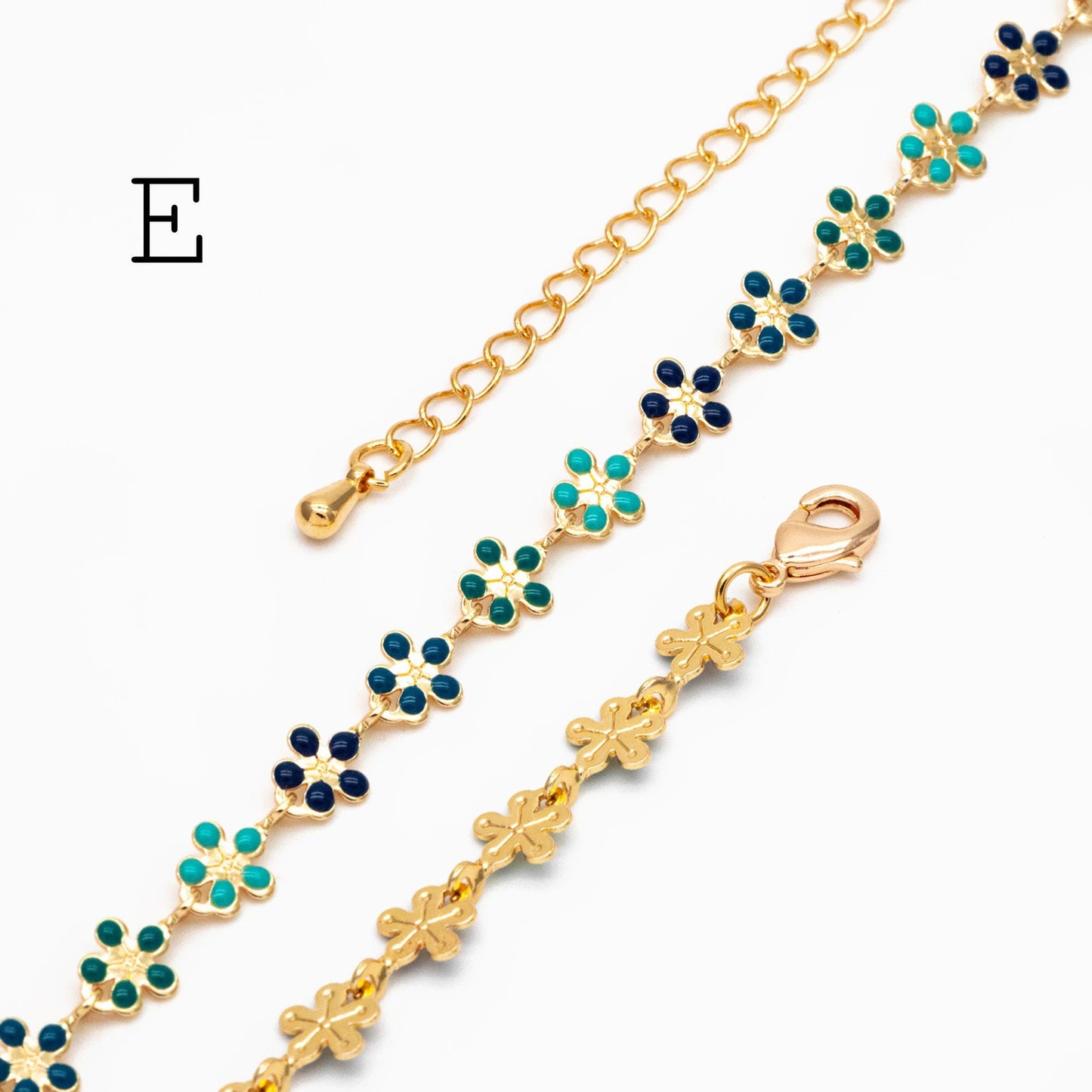 Gold plated Enamel Flower Chain, Finished Bracelet/ Anklet/ Necklace with Extender Chain, 16-18 inch Adjustable, Ready to Wear (#LK-581)