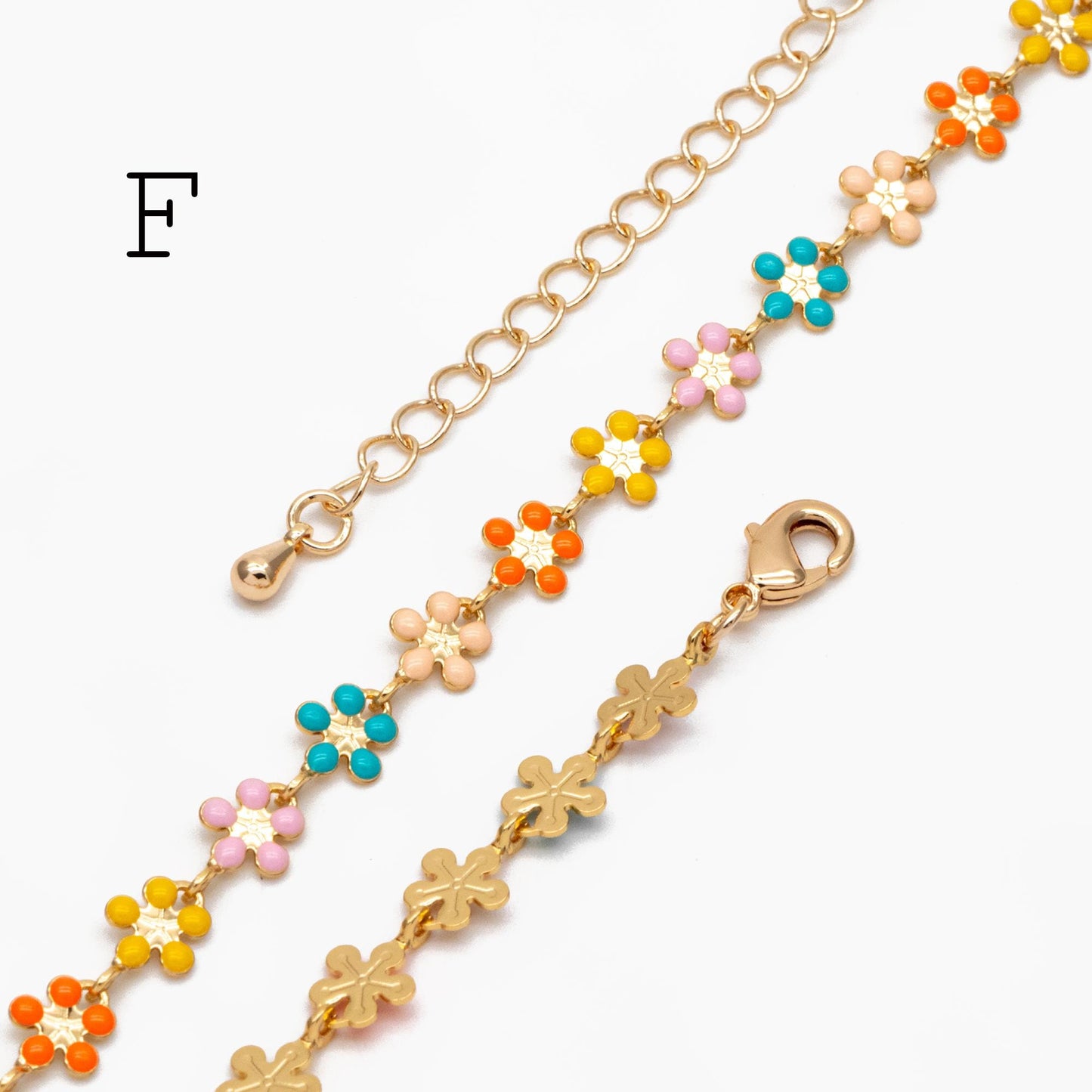 Gold plated Enamel Flower Chain, Finished Bracelet/ Anklet/ Necklace with Extender Chain, 16-18 inch Adjustable, Ready to Wear (#LK-581)