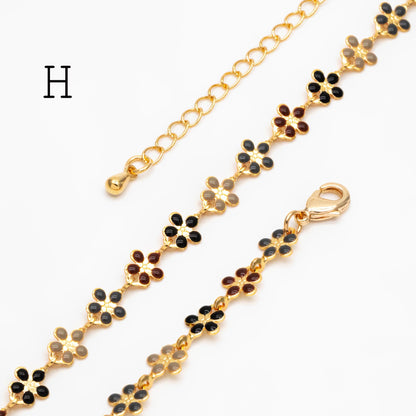 Gold plated Enamel Flower Chain, Finished Bracelet/ Anklet/ Necklace with Extender Chain, 16-18 inch Adjustable, Ready to Wear (#LK-581)
