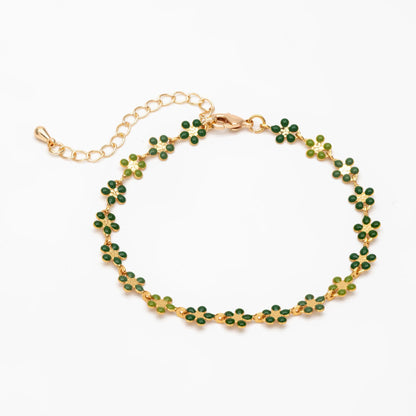 Gold plated Enamel Flower Chain, Finished Bracelet/ Anklet/ Necklace with Extender Chain, 16-18 inch Adjustable, Ready to Wear (#LK-581)