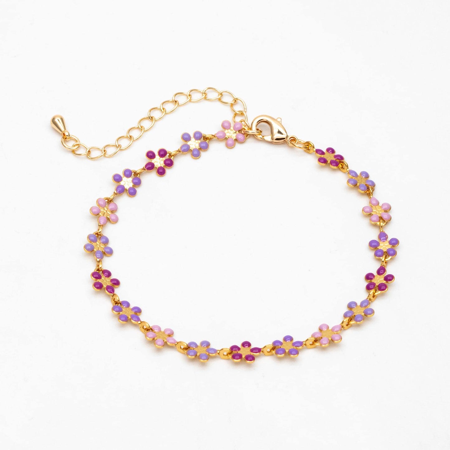 Gold plated Enamel Flower Chain, Finished Bracelet/ Anklet/ Necklace with Extender Chain, 16-18 inch Adjustable, Ready to Wear (#LK-581)