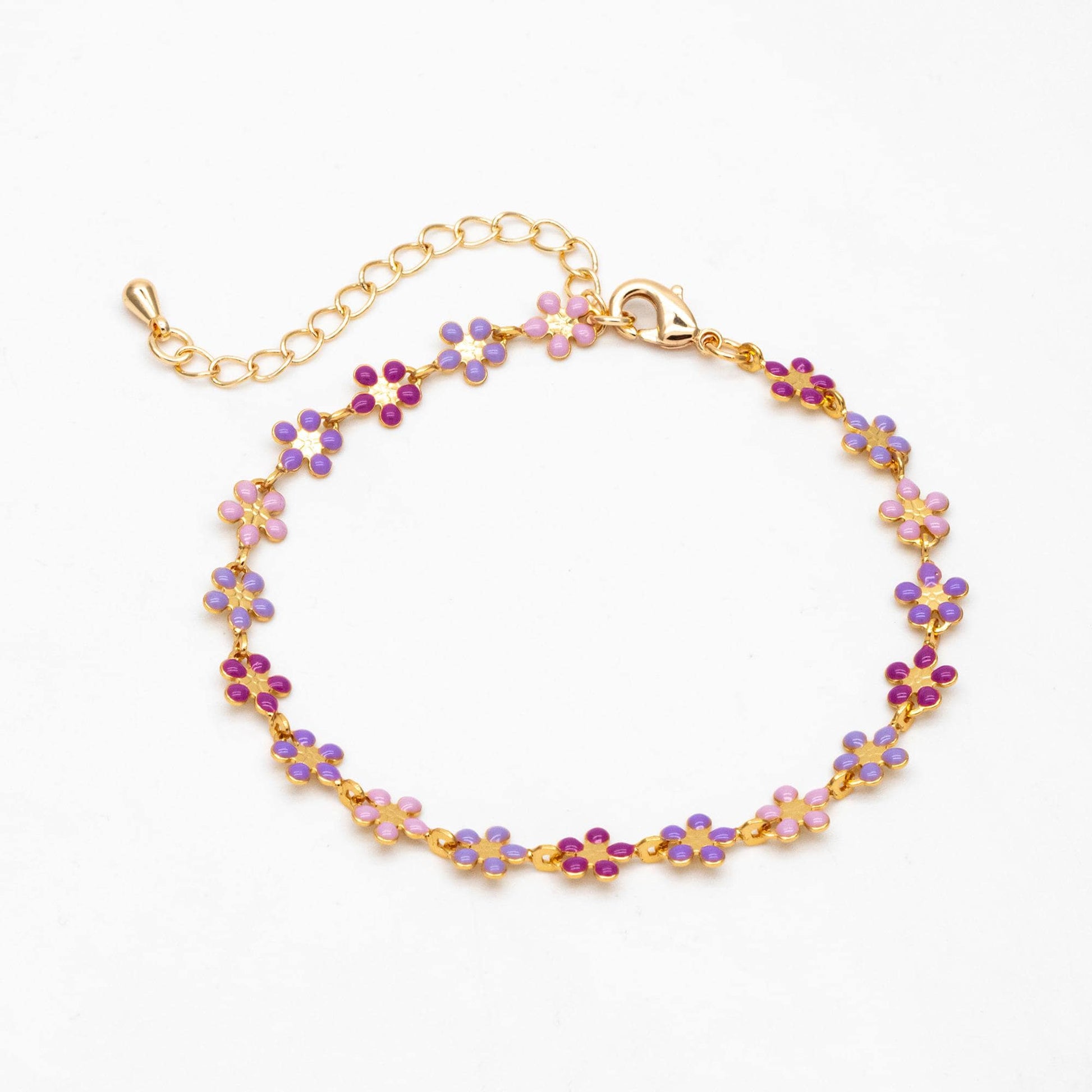 Gold plated Enamel Flower Chain, Finished Bracelet/ Anklet/ Necklace with Extender Chain, 16-18 inch Adjustable, Ready to Wear (#LK-581)