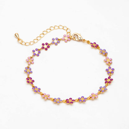 Gold plated Enamel Flower Chain, Finished Bracelet/ Anklet/ Necklace with Extender Chain, 16-18 inch Adjustable, Ready to Wear (#LK-581)