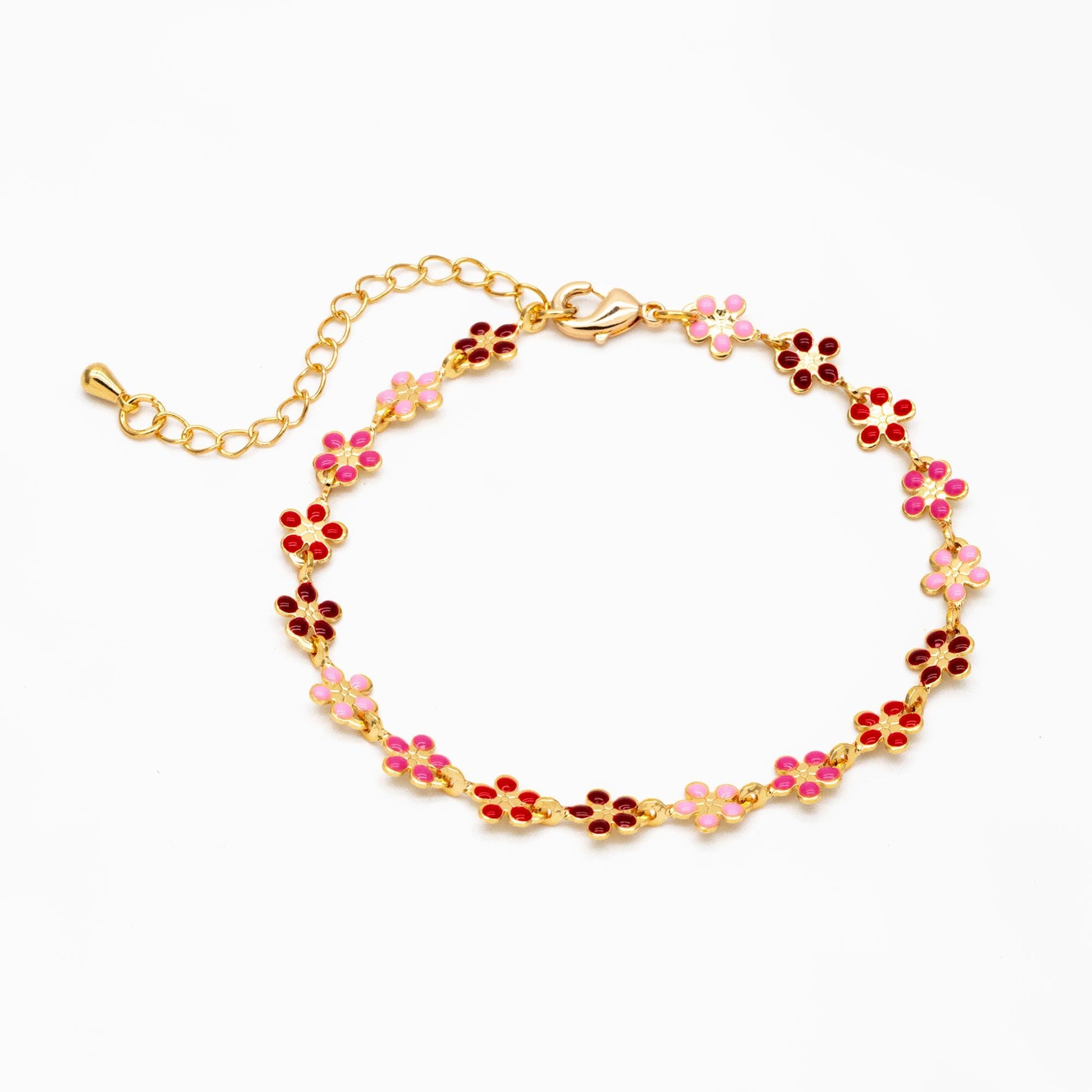 Gold plated Enamel Flower Chain, Finished Bracelet/ Anklet/ Necklace with Extender Chain, 16-18 inch Adjustable, Ready to Wear (#LK-581)