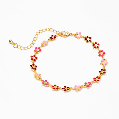 Gold plated Enamel Flower Chain, Finished Bracelet/ Anklet/ Necklace with Extender Chain, 16-18 inch Adjustable, Ready to Wear (#LK-581)