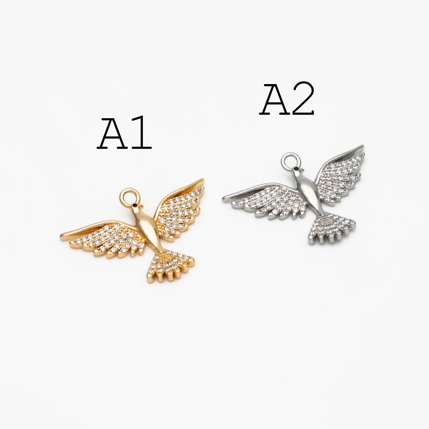 4pcs CZ Pave Gold/ Silver Tone Bird Charms, Real Gold/ Rhodium plated Brass Bird Pendant (GB-1480)