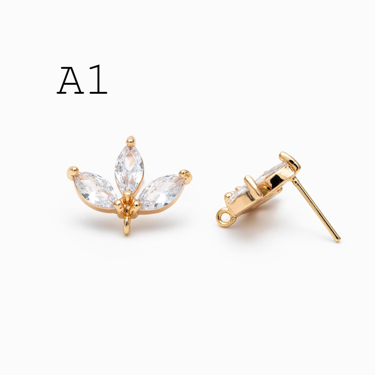 4pcs CZ Pave Gold Flower Leaf Earring With Loop, Gold Plated Brass Stud Earrings (GB-1205)
