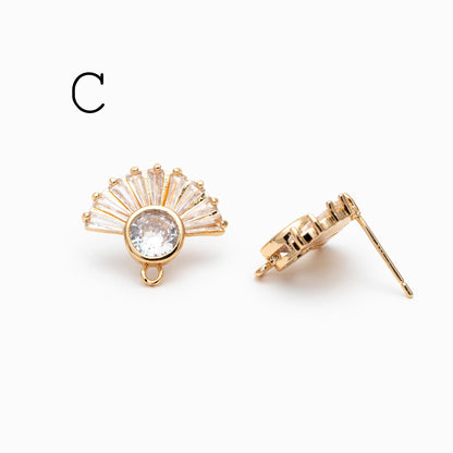 4pcs CZ Pave Gold Flower Leaf Earring With Loop, Gold Plated Brass Stud Earrings (GB-1205)