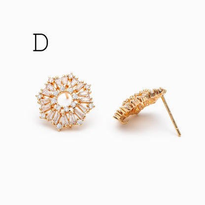 4pcs CZ Pave Gold Flower Leaf Earring With Loop, Gold Plated Brass Stud Earrings (GB-1205)