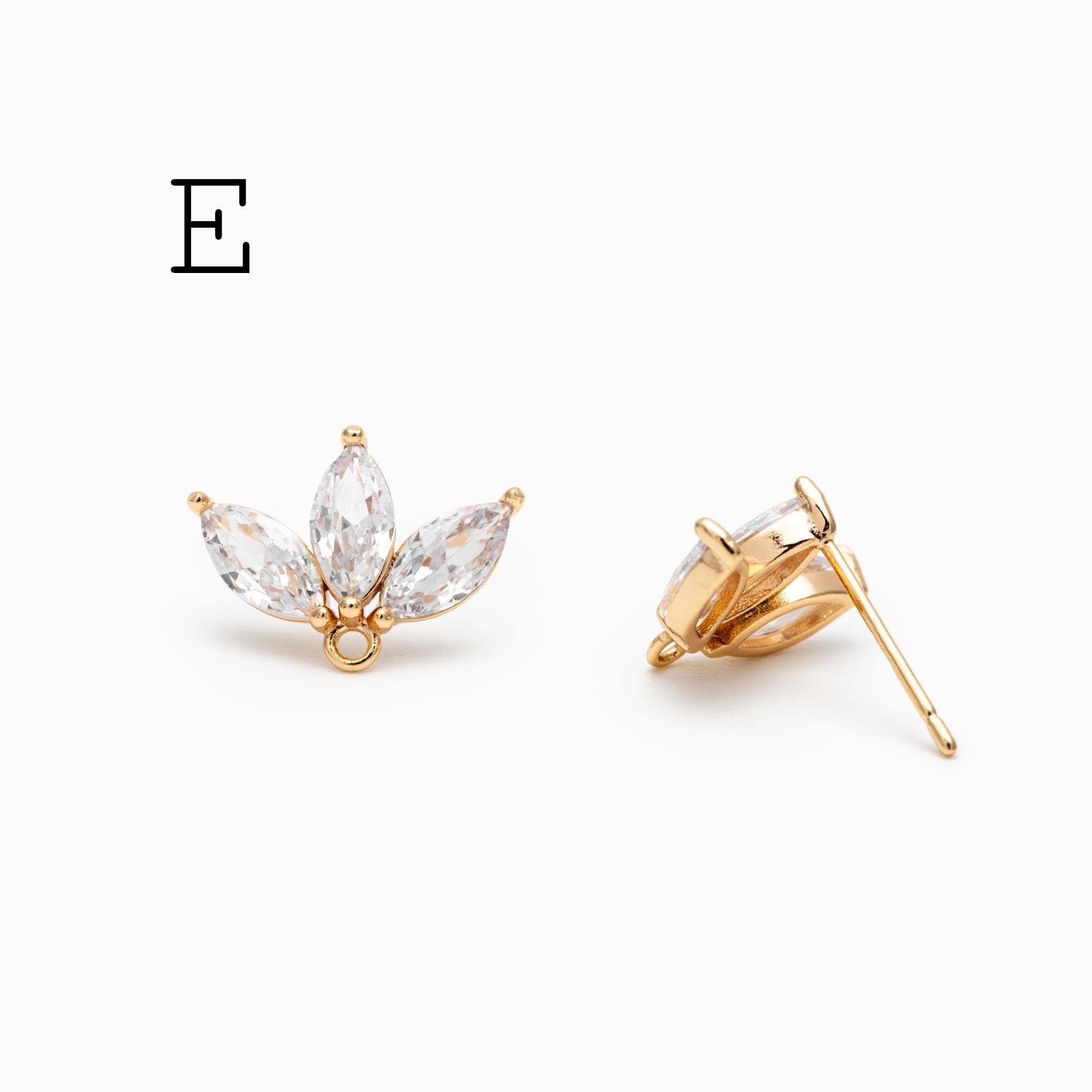 4pcs CZ Pave Gold Flower Leaf Earring With Loop, Gold Plated Brass Stud Earrings (GB-1205)